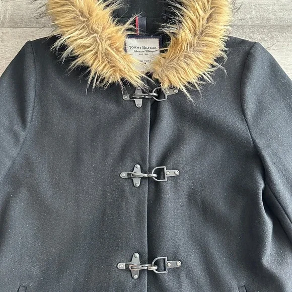 Tommy‎ Hilfiger Womens Wool Toggle Walker Pea Coat Size L Faux Fur Hood Preppy